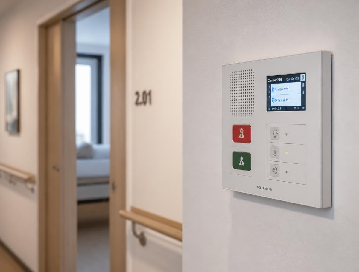 Lichtrufanlage in einem Pflegeheimflur mit digitalem Display und Rufknöpfen